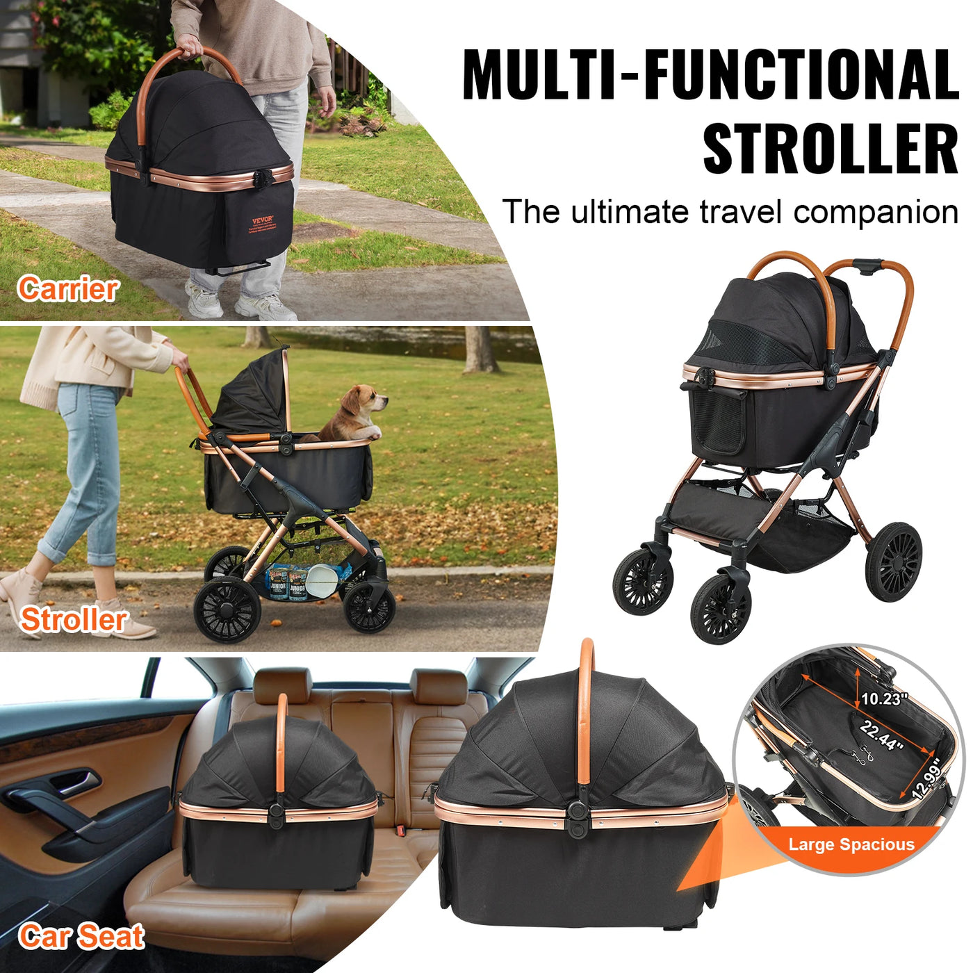 VEVOR 66 lbs Pet Foldable Stroller for Small to Medium Dogs